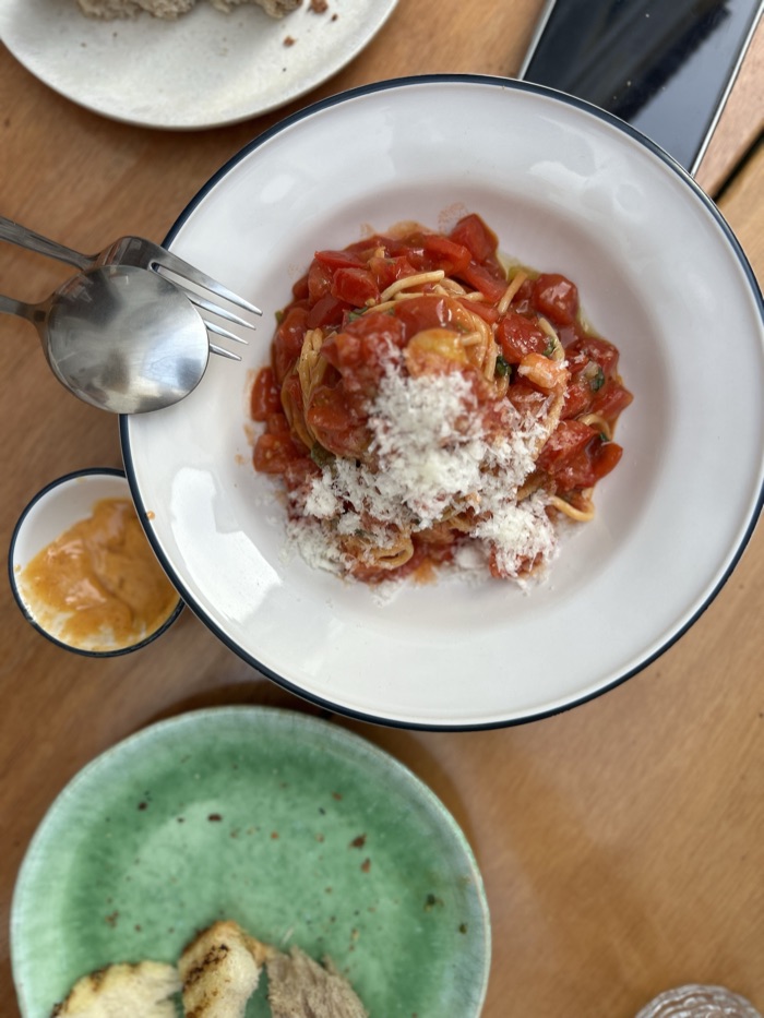 Tomato pasta, overhead